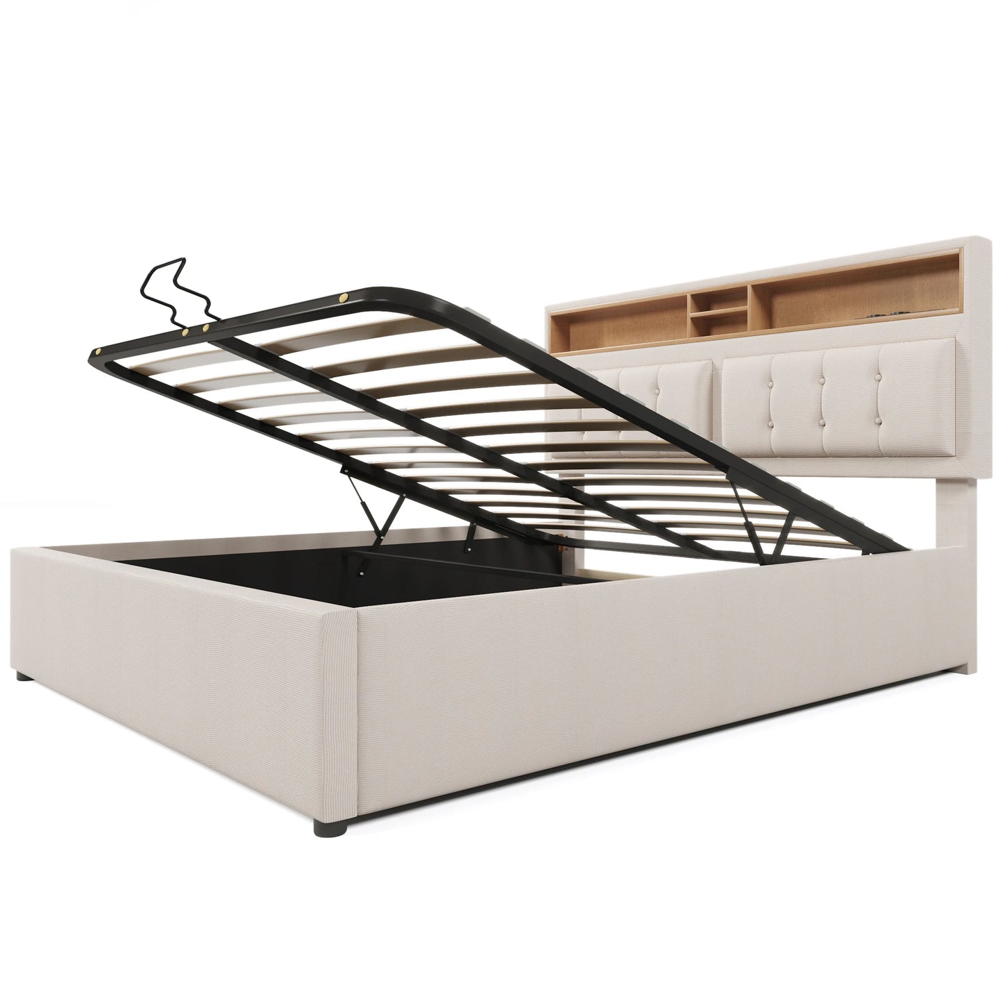 Gestoffeerd Tweepersoonsbed – Opbergbed – Slaapbed – Jeugdbed – Bed met Usb-C Oplaadfunctie – 160x200 cm Beige – Verstelbaar Hoofdbord – Gasdruk Opbergruimte