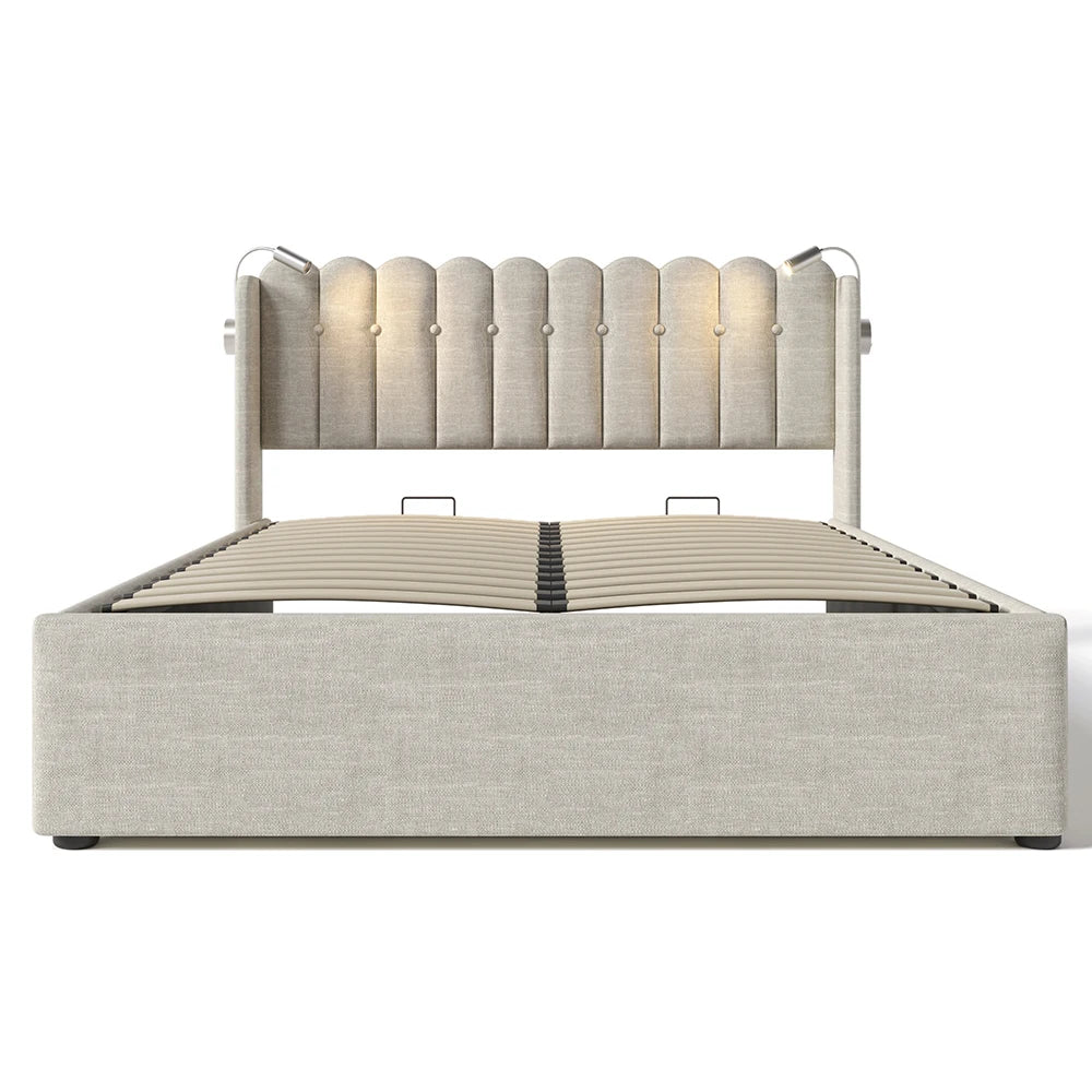 Bed – Slaapbed – Opbergbed – Linnen Bed – Houten Bed – 160x200 cm – Opklapbare Lattenbodem Met Gasveren – Geïntegreerde Leeslamp Met USB-oplaadpoort - QUORE