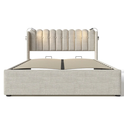 Bed – Slaapbed – Opbergbed – Linnen Bed – Houten Bed – 160x200 cm – Opklapbare Lattenbodem Met Gasveren – Geïntegreerde Leeslamp Met USB-oplaadpoort - QUORE