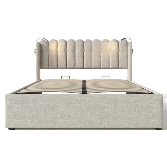 Bed – Slaapbed – Opbergbed – Linnen Bed – Houten Bed – 160x200 cm – Opklapbare Lattenbodem Met Gasveren – Geïntegreerde Leeslamp Met USB-oplaadpoort - QUORE