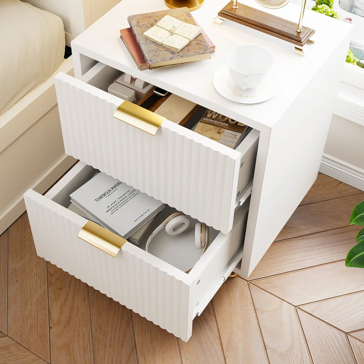 Comanlai 2 pieces Bedside Table with 2 Drawers,Nightstands Cabinet with Metal Feet,Chest of Drawers for Living Room,49x29x47cm