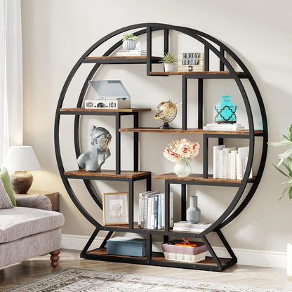 Ronde Boekenkast – Boekenplank – Boekenkast Industrieel – Etagère – Open Kast – 160 cm Hoogte – Metalen Frame en Houten Planken