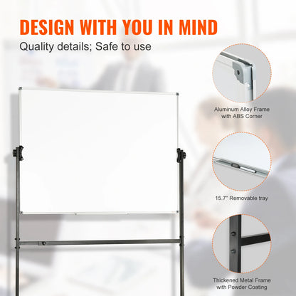 Mobiele Whiteboard – Magnetisch Bord – Draaibaar Whiteboard – Verplaatsbaar Whiteboard – Schoolbord – Dubbelzijdig Beschrijfbaar – Verstelbare Hoogte & Hoek - 48x32inch