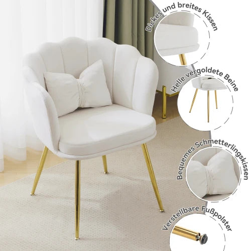 Eetkamerstoelen – Set van 2 - Velours Stoel – Lounge Stoel – Fluwelen Fauteuil – Design Fauteuil – Bloembladdesign – Ergonomisch Zitcomfort – Vergulde Metalen Poten - Wit