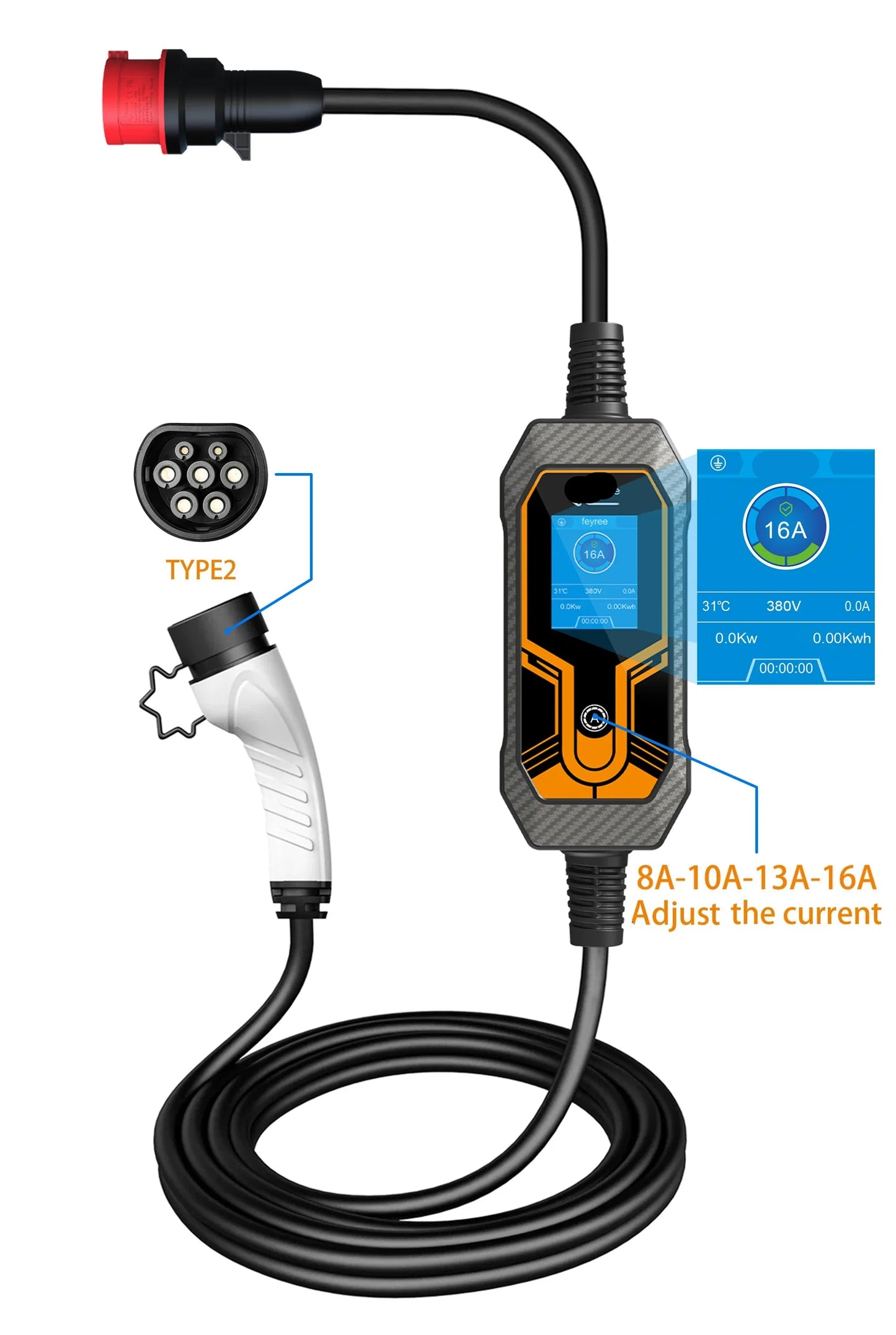 Ev Laadkabel – Mobiele Oplader – Draagbare Lader – Type 2 – Cee Stopcontact – Ip65 Waterdicht – Lcd Display -  11kW - 5M - NO Adaptor - QUORE