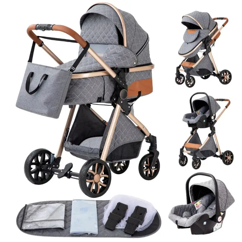 Stroller - Buggy - Kinderwagen 3-in-1 - Kinderwagens - Draagbare Reis Kinderwagen  - Hoogland Pram -Multifunctionele Aluminium Frame Kinderwagen - Hoge uitvoering - Zwart