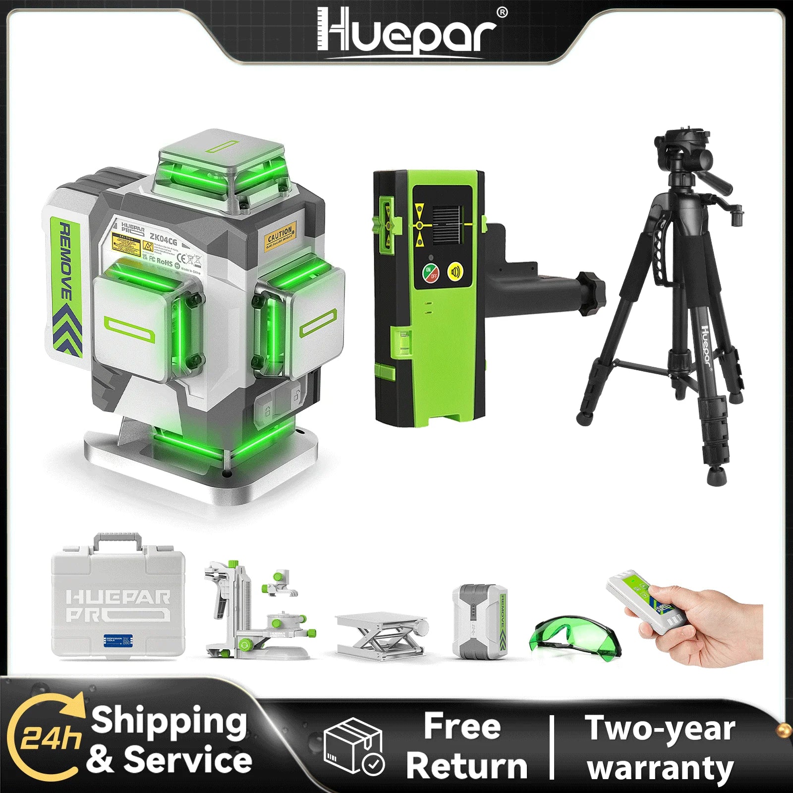 Huepar ZK04CG Set 4D High Precision Laser Level ±2mm/10m Self-leveling Cross Line  Laser Tools With Tripod,Receiver,Rangefinder - QUORE