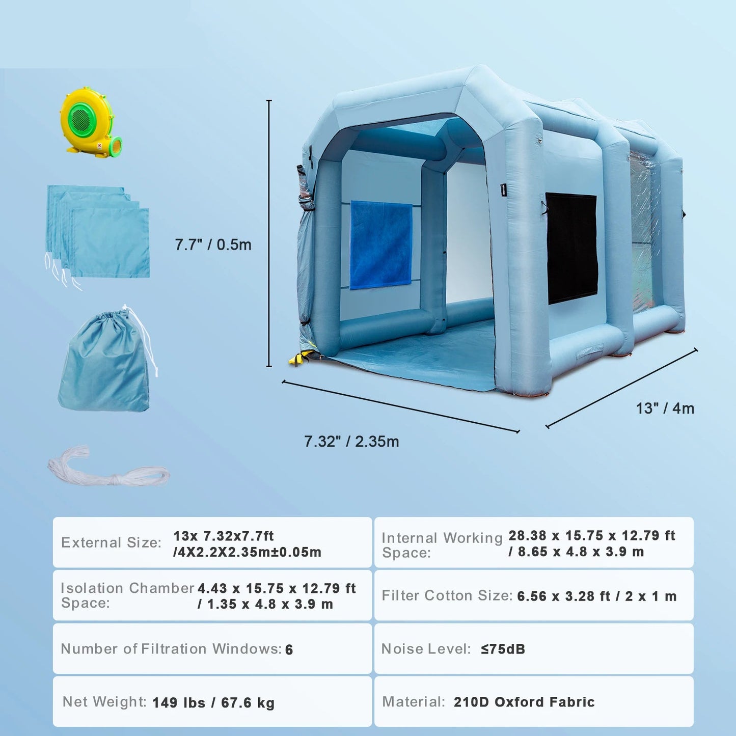 Spuitcabine - Verftent - Opblaasbare Verf Spuiterij - Verfcabine - 4x2.2x2.35m - 25KG - Krachtige Spray Booth met Blowers – Autospuit Tent met Luchtfiltersysteem - QUORE
