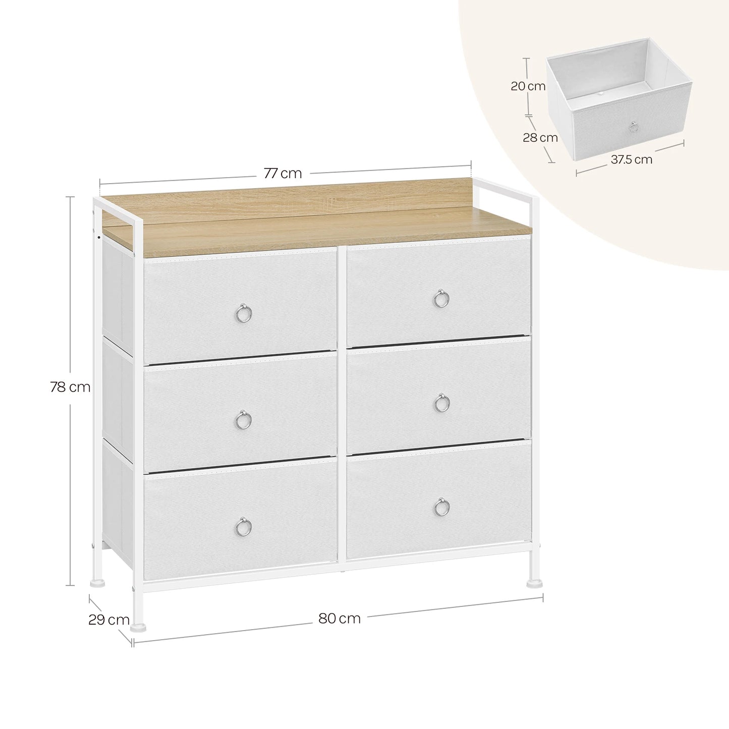 Ladenkast - Dressoir Kasten - Ladekast met 6 Stoffen Lades - Stevig & Stijlvol - Industriële Opbergkast - Metaal & Hout - Voor Woonkamer - Slaapkamer  - Hal  - 80x29x78cm - Wit - QUORE