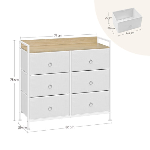 Ladenkast - Dressoir Kasten - Ladekast met 6 Stoffen Lades - Stevig & Stijlvol - Industriële Opbergkast - Metaal & Hout - Voor Woonkamer - Slaapkamer  - Hal  - 80x29x78cm - Wit