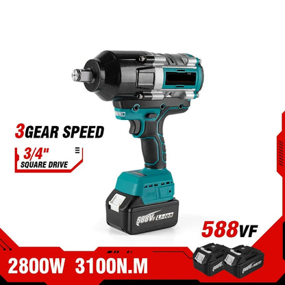 Slagmoersleutel - met Accu - Slagschroevendraaier - Brushless - 3100Nm Draadloze - 3/4 Inch - Elektrische Wrench - 18V Batterij - Handgereedschap - 2 Batterij