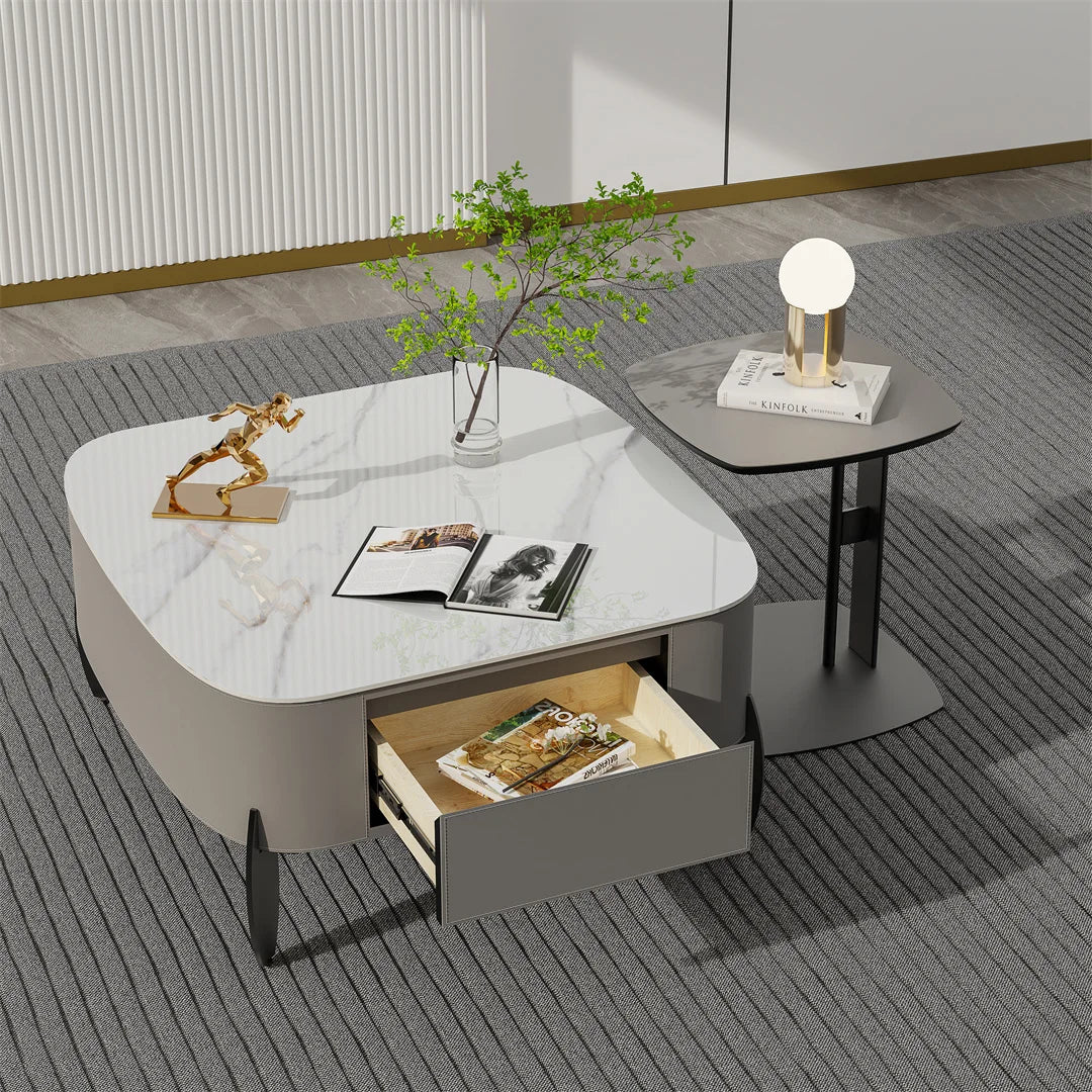 Salontafel – Koffietafel – Woonkamertafel – Tafel Met Laden – Sintered Stone Blad – Soft-Close Opberglades - 99.5 x 98.5 x 35.5 cm
