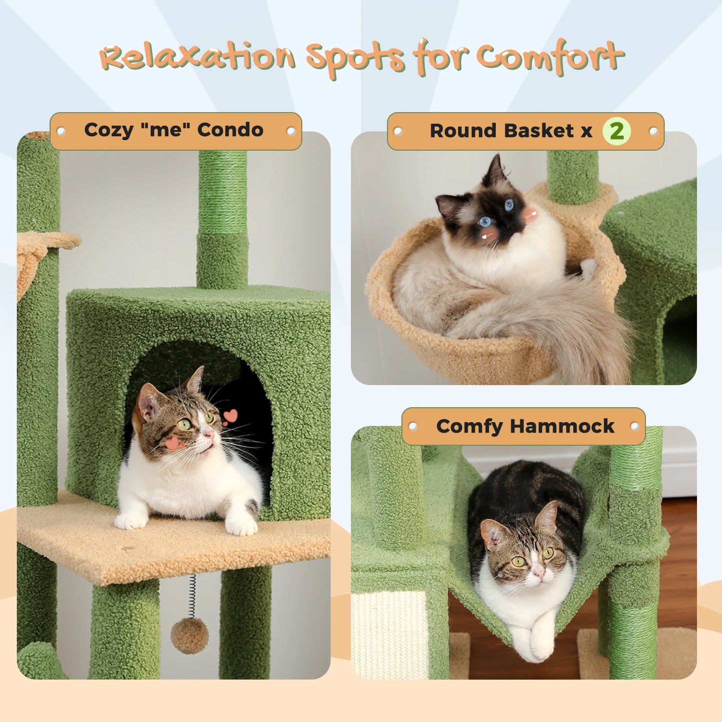 Cactus Kattentoren – Verstelbare Krabpaal met Sisal, Hangmat en 2 Mandjes – Kattenkrabpaal voor Meerdere Katten – Hoogte 216-285 cm – Kattenmeubel – Groen