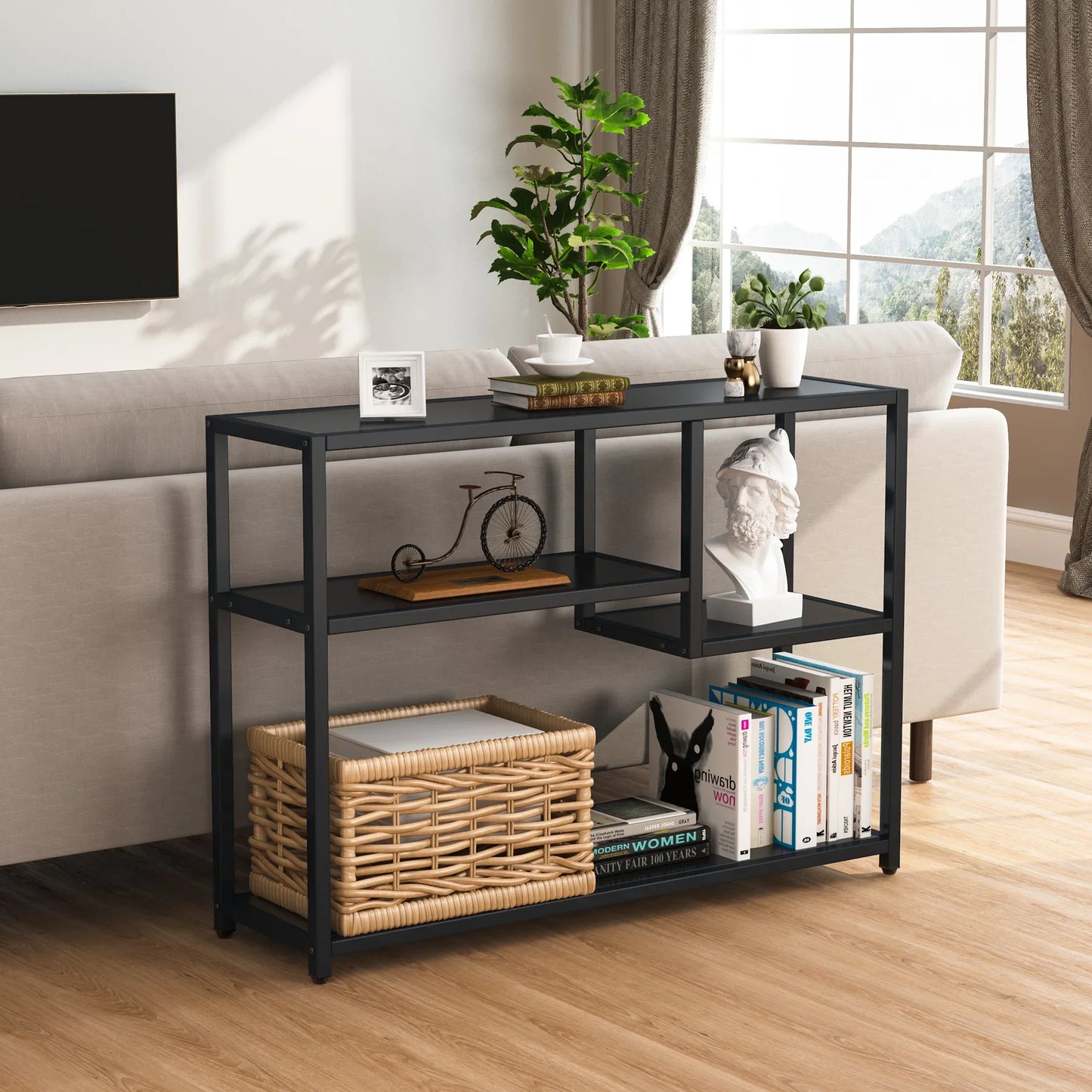 Sidetable - Smalle tafel - Smalle kast - Vakkenkast - Industrieel - Hout en Metaal - 110x30x85cm - Zwart