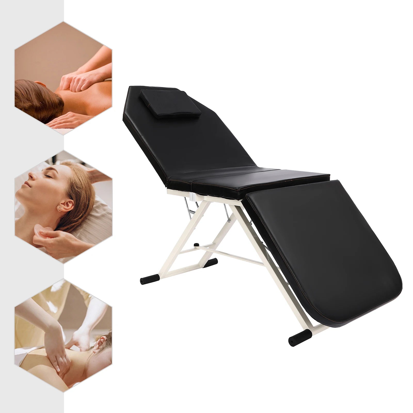 Draagbare Massagetafel – Massagebed – Behandeltafel – Schoonheidstafel – Opvouwbare Tafel – Hoogwaardig PU-leer – Verstelbare Rugleuning – Max. 250 kg Draagvermogen – Anti-slip Voeten – Compact Opvouwbaar – Zwart Variant - QUORE