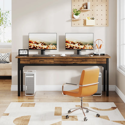 Bureau – Computerbureau – Bureautafel – Schrijftafel – Dubbel bureau – Extra Lang 200 cm – Stevig Metalen Frame – 2 Laden & 2 Haken – Chocoladebruin - QUORE