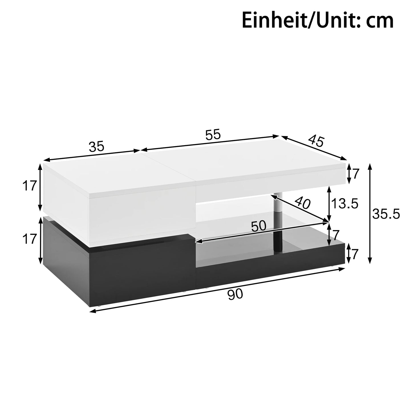 Modern coffee table with LED ambient lighting, app and Bluetooth control, glass shelf and high-gloss surface, black and white