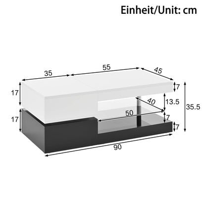 Modern coffee table with LED ambient lighting, app and Bluetooth control, glass shelf and high-gloss surface, black and white - QUORE