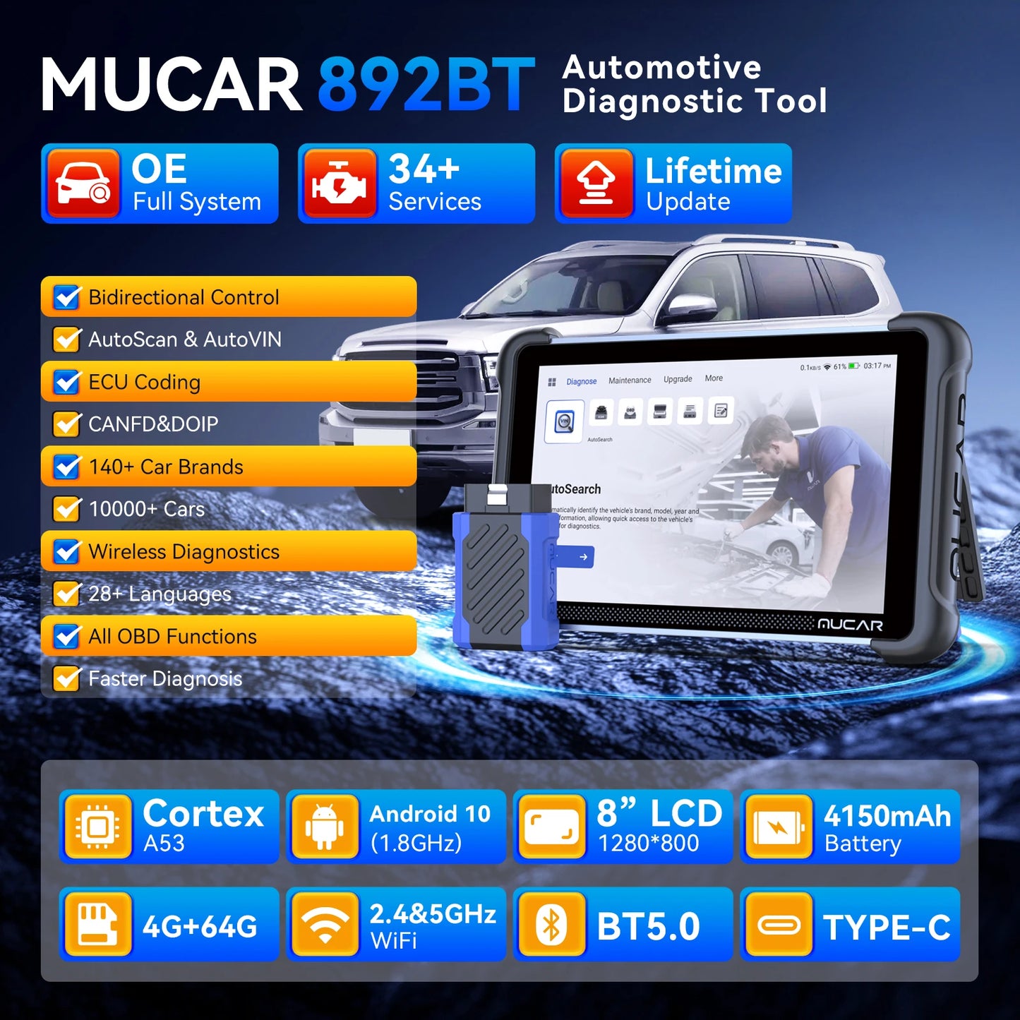 MUCAR 892BT Car OBD2 Diagnostic Tool with THINKCAR Video Scope USB Video Camera, Lifetime Free Full System Diagnosis 34 Reset - QUORE