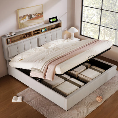Gestoffeerd Tweepersoonsbed – Opbergbed – Slaapbed – Jeugdbed – Bed met Usb-C Oplaadfunctie – 160x200 cm Beige – Verstelbaar Hoofdbord – Gasdruk Opbergruimte