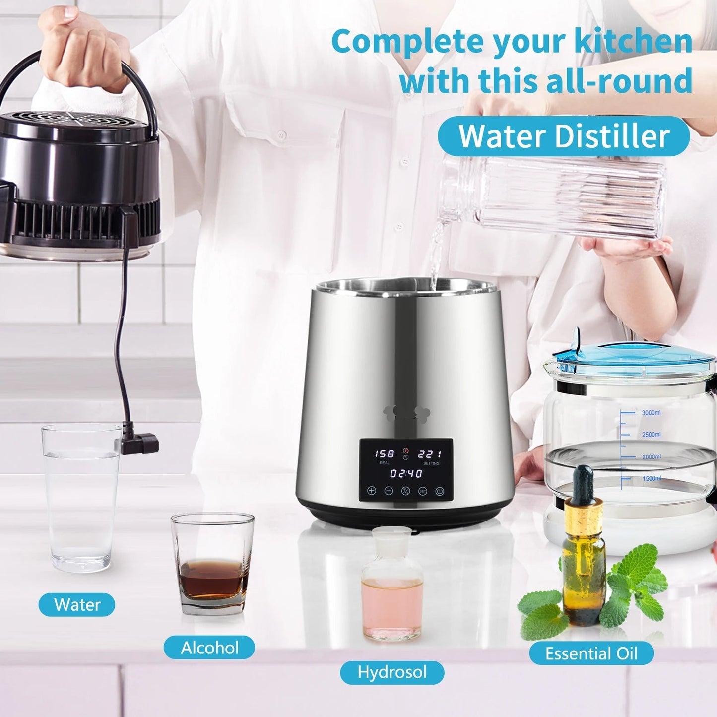 Water Distiller - Distillation Apparatus - Water Purifier - 1L Capacity - Fast Water Purification - Adjustable - Temperature - Timer - Stainless Steel Housing - Silver