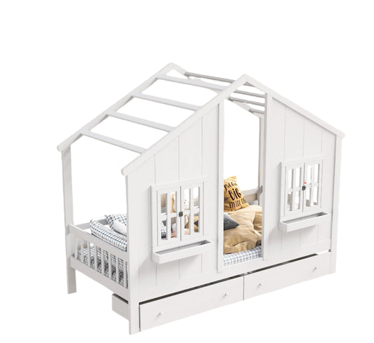 Kinderbed – Huisbed – Bedhuisje – Kinderbed Met Opberglade – Grenenhout – 90x200 Cm Matrasmaat