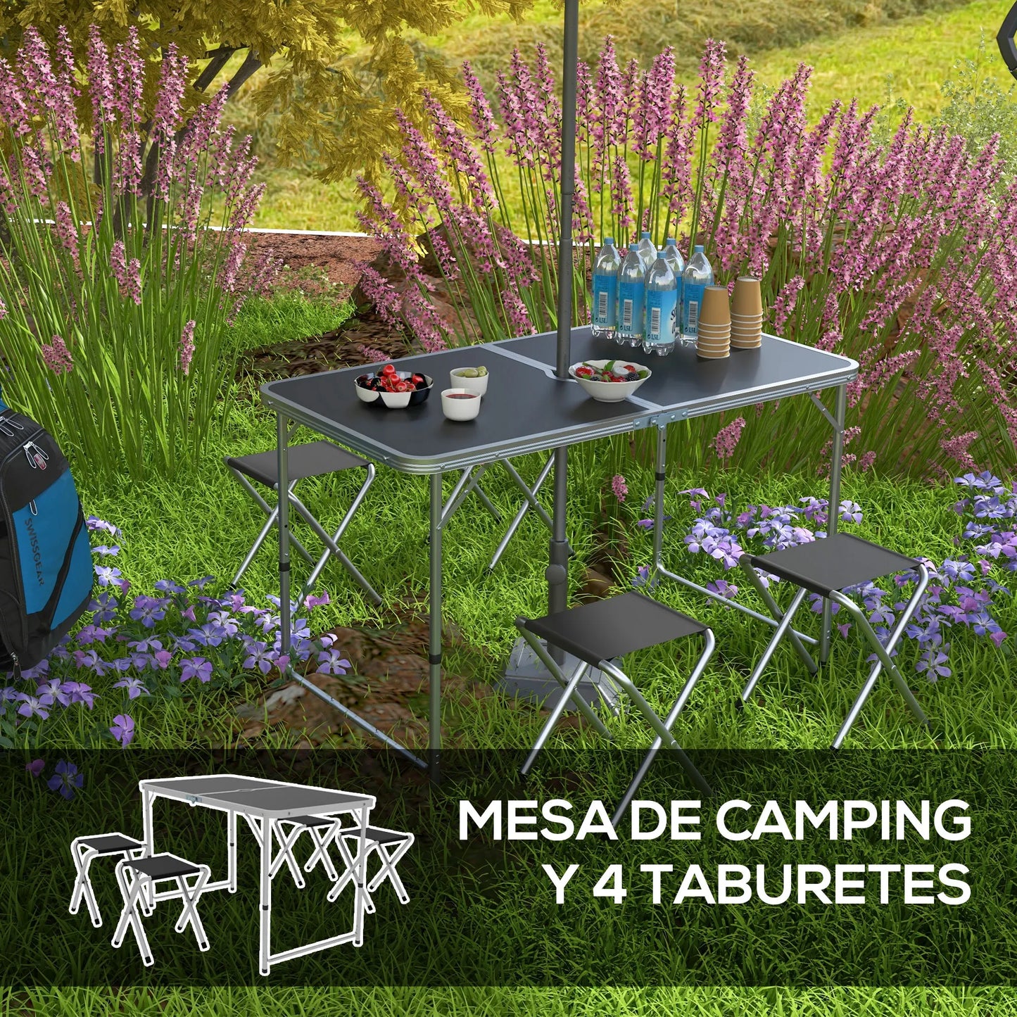 Vouwbare Campingtafel met Stoelen Set - 5-delige Zwart - Verstelbare Hoogte en Umbrella Hole - QUORE