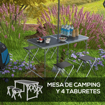 Vouwbare Campingtafel met Stoelen Set - 5-delige Zwart - Verstelbare Hoogte en Umbrella Hole - QUORE