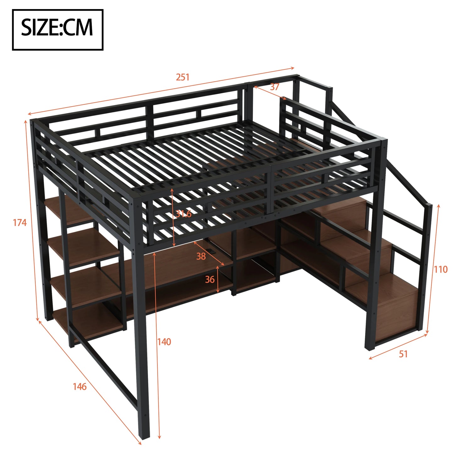 Multifunctionele Kinderhoogslaper – Stapelbed – Halfhoogslaper – Kinderbed – Hoogslaper Met Opbergruimte – Variant 140x200 cm Zonder Matras – Ingebouwde TV-standaard – Stroomvoorziening Met Veiligheidsladder