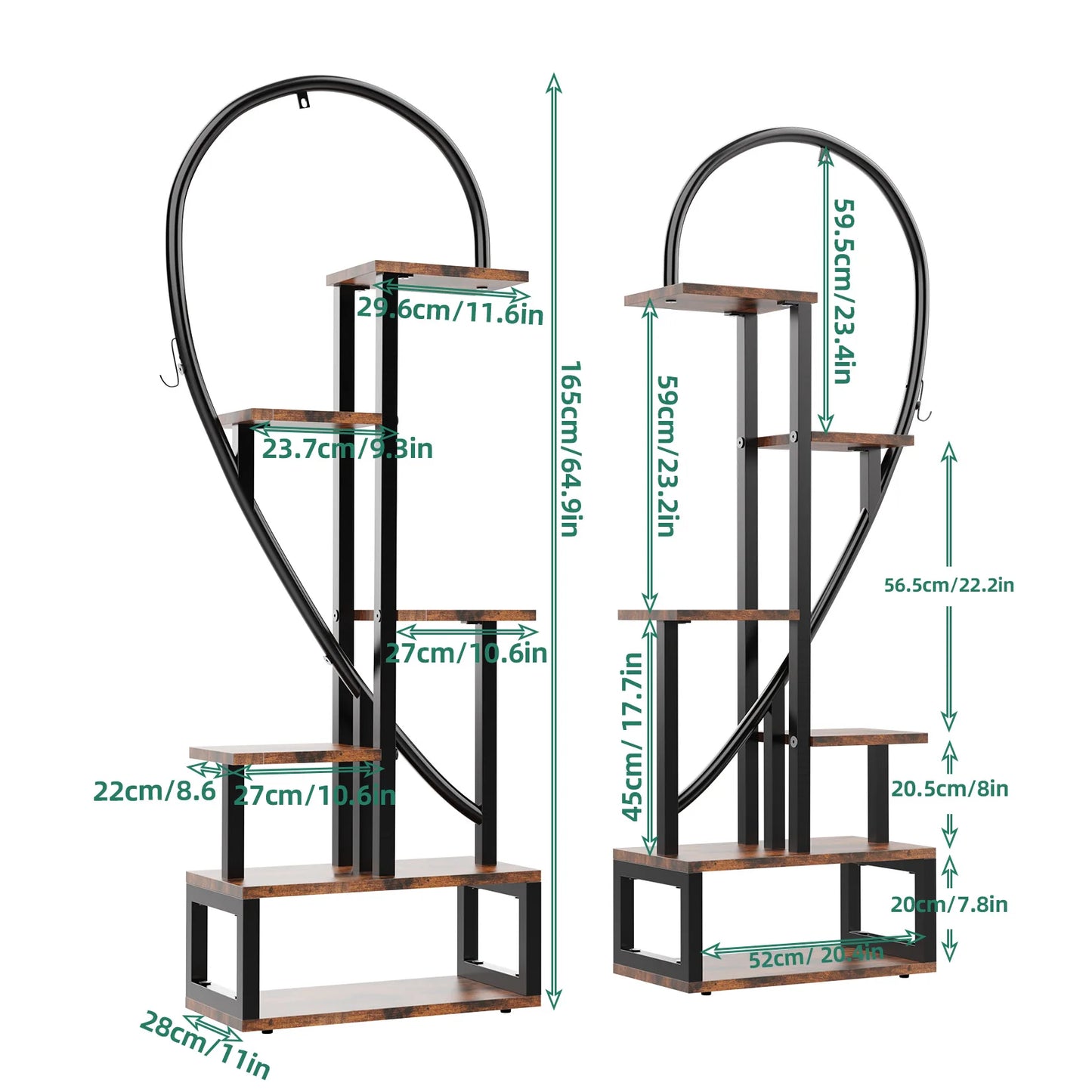 Plantenstandaard Binnen - Half Hartvorm - Plantenrek - Industrieel Plantenrek - Bloemenrek - 165cm Hoog - voor Binnen & Buiten – Metaal en MDF - voor 20 Potten