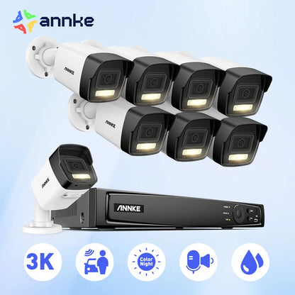 ANNKE 3K 8CH PoE Security System 4/8PCS Bullet Cameras Color IR Night Vision Human Vehicle Detection Built-in Mic IP67 IP Camera