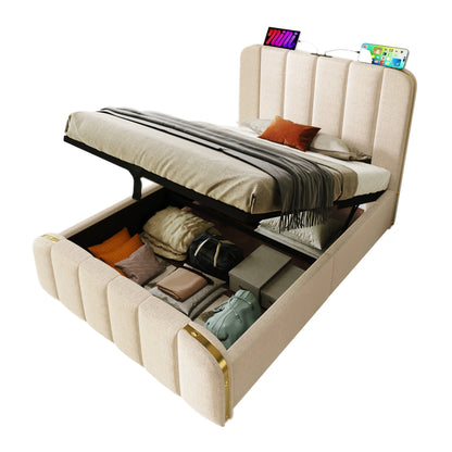 Ledikant – Babybed – Meegroeibed – Peuterbed – Kinderbed – Beige Linnen Bekleding – Hydraulische Opbergruimte – USB & Type-C Oplaadpoort - QUORE