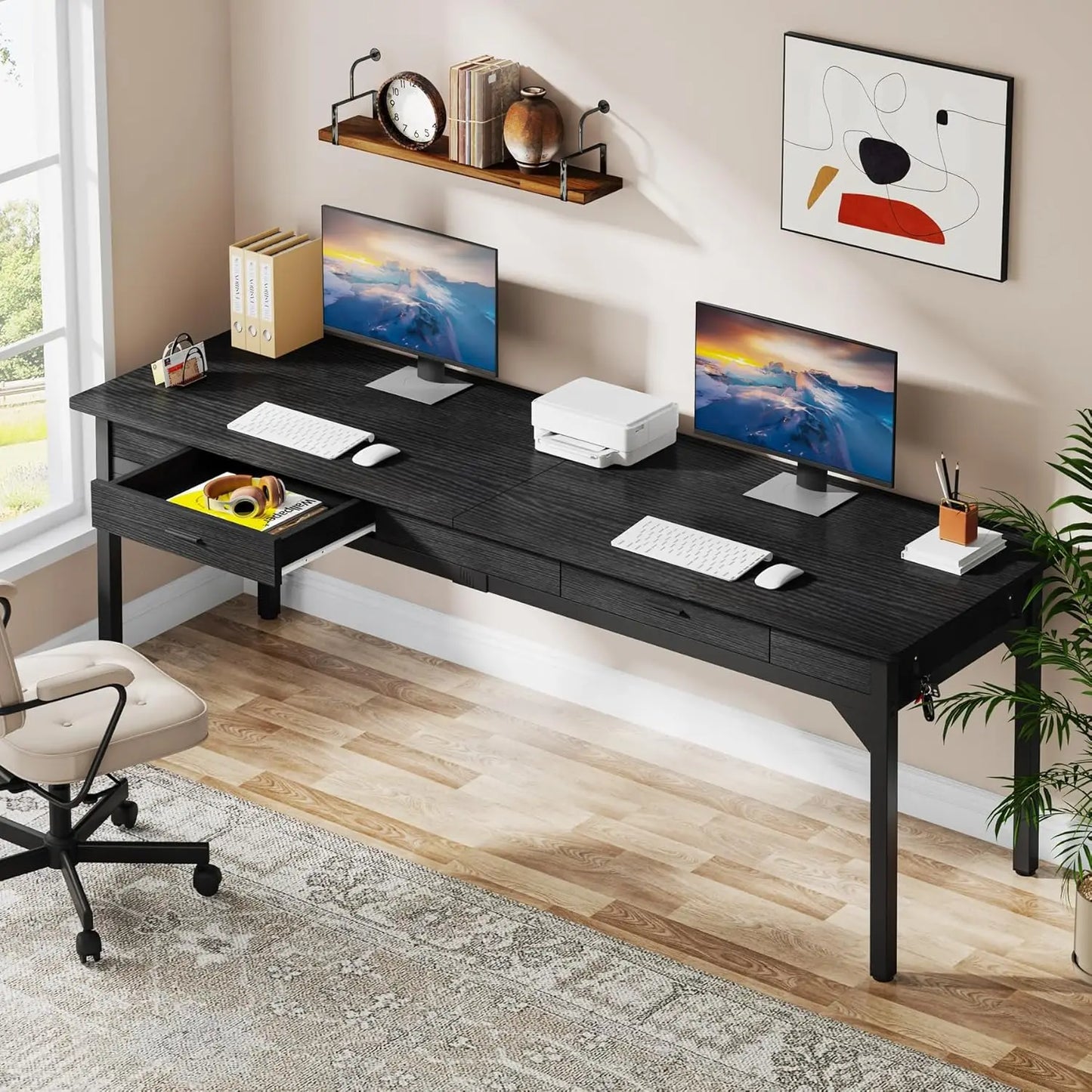 Bureau – Werkplek – Thuiswerkplek – Twee Personen – Extra Breed – Met Laden – Verstelbare Pootbeschermers - 200 x 60 x 82 cm - Zwart