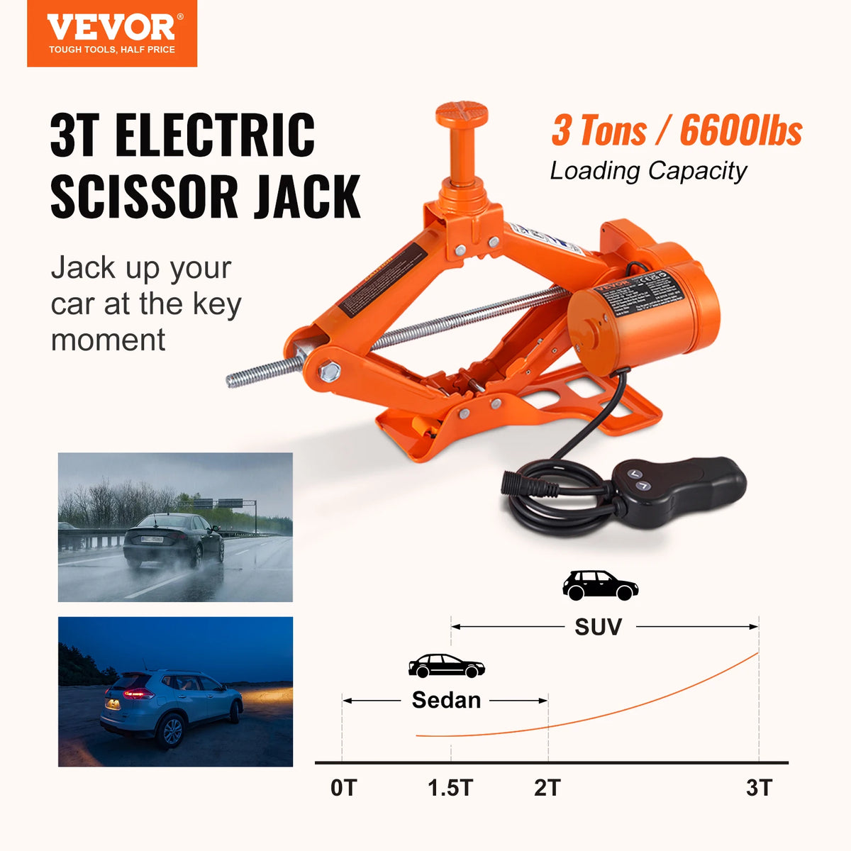 Vevor - Krik - Autokrik - Garagekrik - Elektrische Autokrik - 6600 lbs - 12V - Elektrische schaarkrik - Draagbare autokrik - Oranje - QUORE