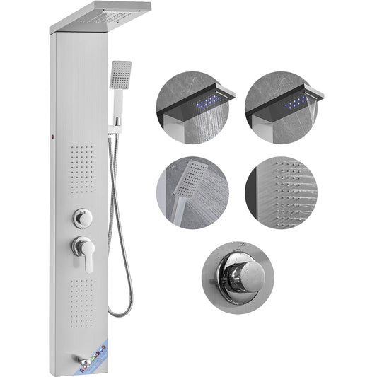 Douche - Regendouche - Douchewand - Douchekolom - Douchepanelen - LED Douchepaneel – Waterval & Regendouche, 5-in-1 Roestvrijstalen Douchezuil met Massagejets - Zilver