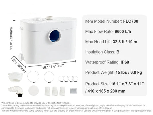 Macerator Pomp - Waterpomp - Vuilwaterpomp - 700W - 9600 L/h Capaciteit - 10m Opvoerhoogte - 3 Inlaten voor Afvalwater Afvoer