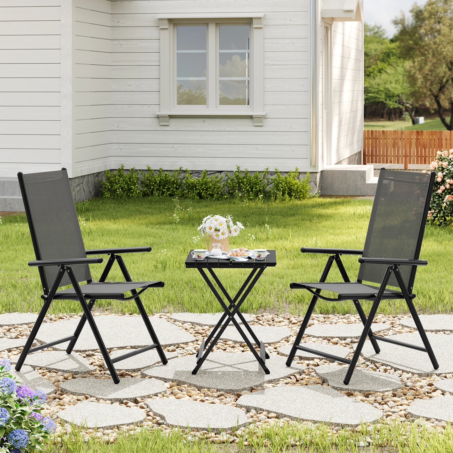 Opvouwbare Tuinstoelen Set van 4 – Inklapbare Stoelen met 7 Standen – Verstelbare Buitenkstoelen – Zwart – 150 kg Draagvermogen – 48x67x84 cm - QUORE