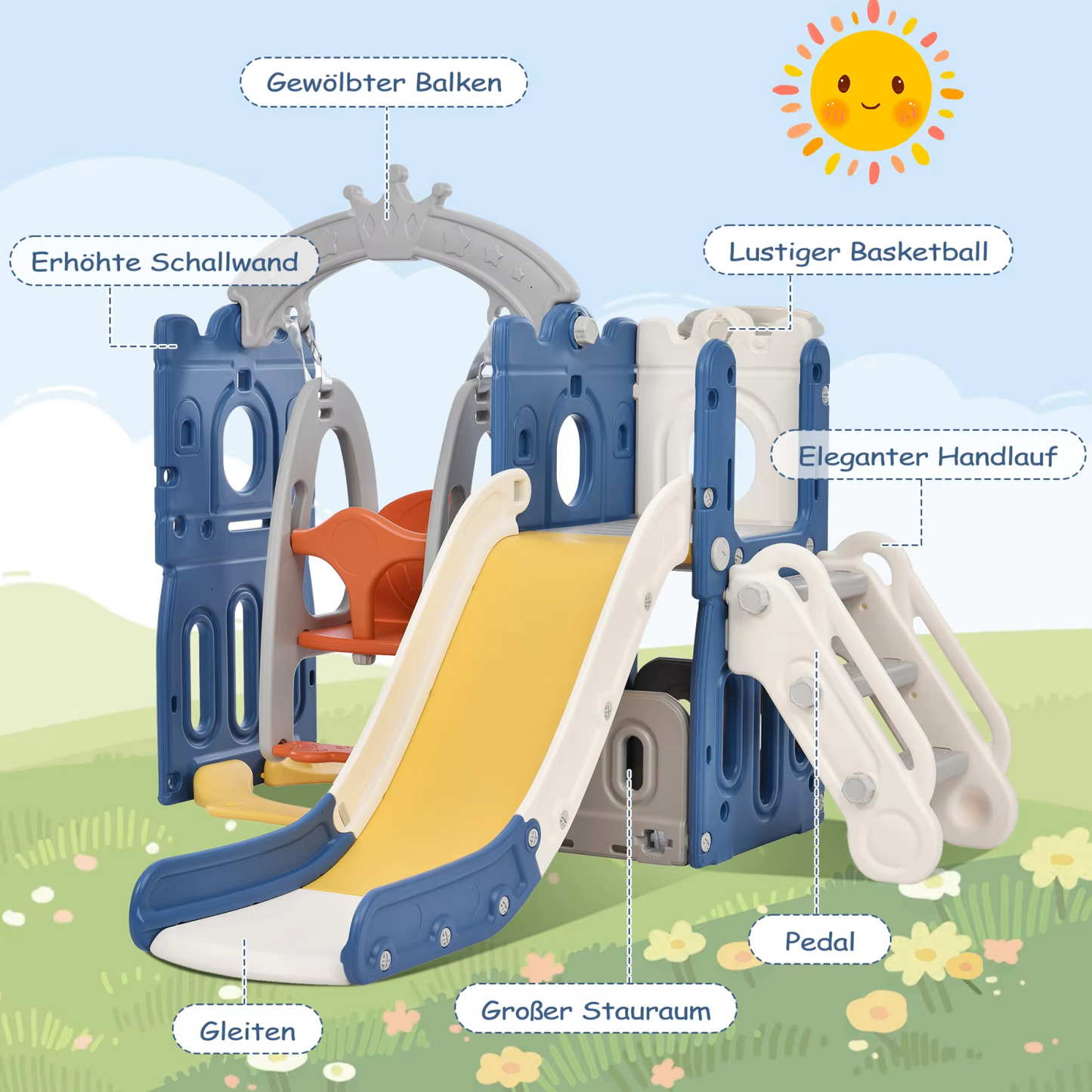 5-in-1 Glijbaan - Kinderspeeltuin - met Basketbalring - Schommel - Klimladder - Opslag - voor Kinderen - van 1-8 jaar - Veilige Dichte Trap - Speelplezier Gegarandeerd - Geschikt voor Binnen - Buiten - Tuin - 157 x 150 x 120 - Blauw