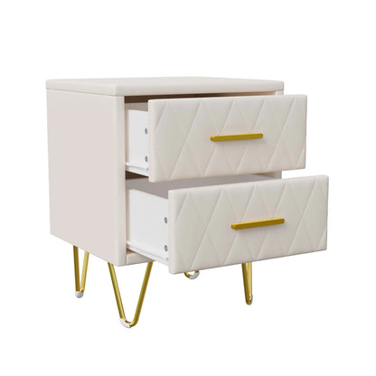 Nachtkastje – Bijzettafel – Ladekast – Nachttafel – Meubel – Set van 2 – 2 Lades – Beige Gestoffeerd – Gouden Metalen Pootjes – 41x35x51 cm