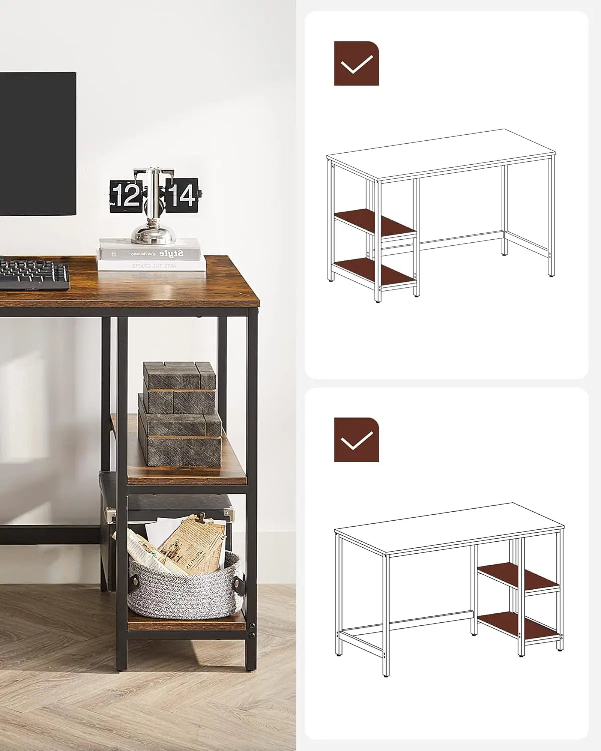 Tafel - Gaming Desk - Gaming Tafel - Computertafel - Computer bureau - 120x60x75 cm – Robuust Tafelblad – Stalen Frame – Rustiek Bruin/Zwart - QUORE
