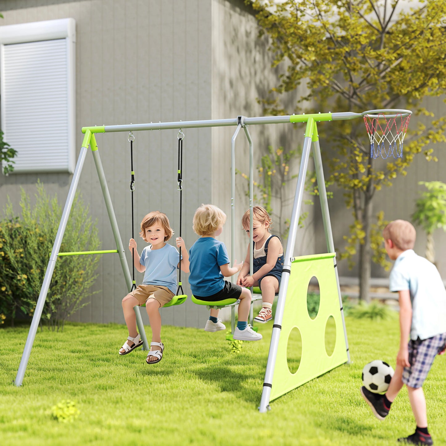 4-in-1 Schommelset – Speelset – Tuinset – Schommel – Glijbaan – Verstelbare Schommelhoogte – Stabiele Metalen Constructie - QUORE