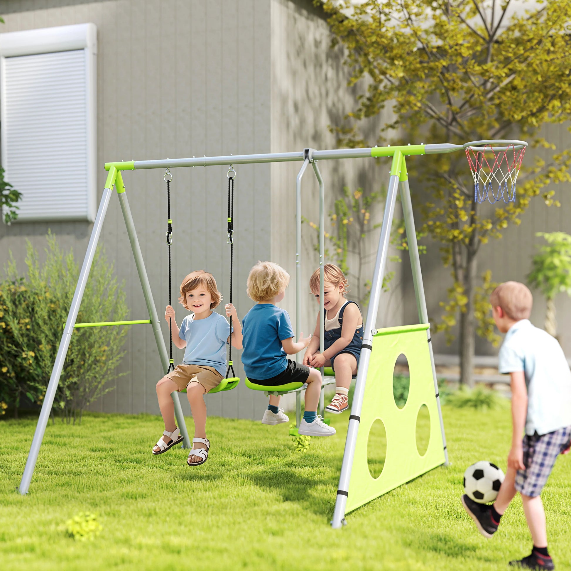 4-in-1 Schommelset – Speelset – Tuinset – Schommel – Glijbaan – Verstelbare Schommelhoogte – Stabiele Metalen Constructie - QUORE