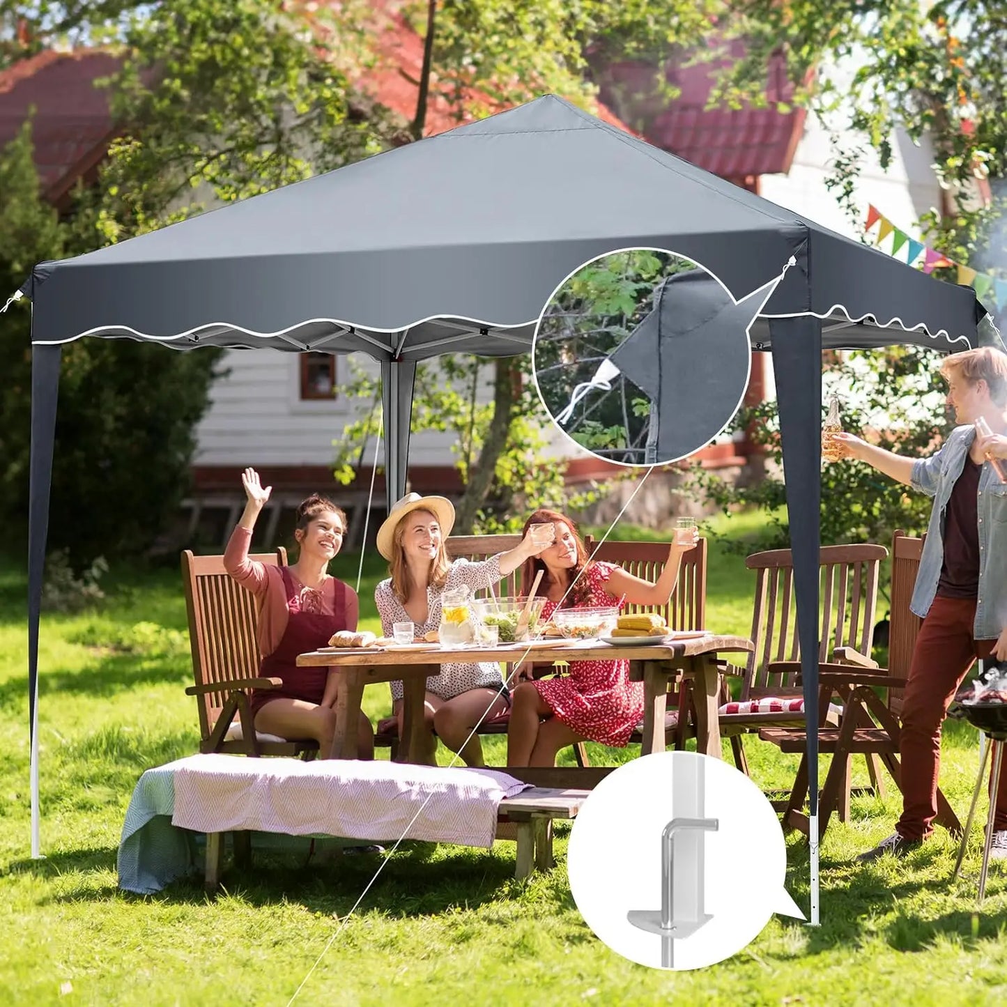 Paviljoen - Tuinpaviljoen - Partytent - Tuintent - Pop-up Kliksysteem - Stabiel - Vouwtent - met 4 zijpanelen - Opvouwbaar - Waterdicht - Hoogte Verstelbaar - 50+UV-Bescherming - voor Tuin - Buiten - Achtertuin - 240D Oxford - 3 x 3 m - Grijs - QUORE