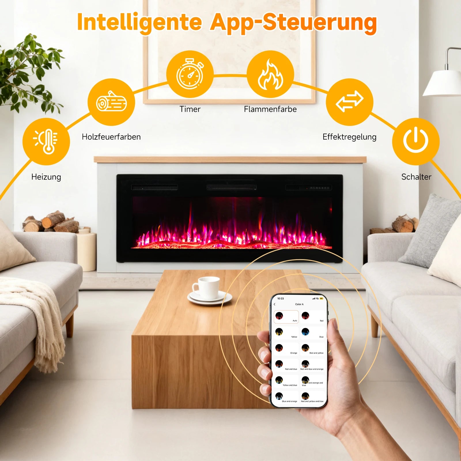Elektrische Haard – Sfeerverwarmer – Kamin – Inbouwhaard – Vuurtafel – 150 cm Zwart – 1000/2000W Verwarming – 12 Kleuren 3D Vlammen - QUORE