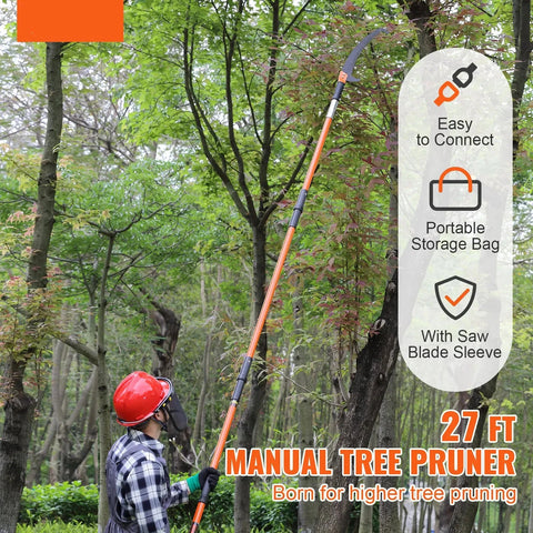 Vevor - Lopper - Hedge Trimmer - Manual Hedge Trimmer - Sharp Steel Blade - Garden Tools - Pruning High Branches - 7.3-27ft Extendable Tree Pruner - Orange