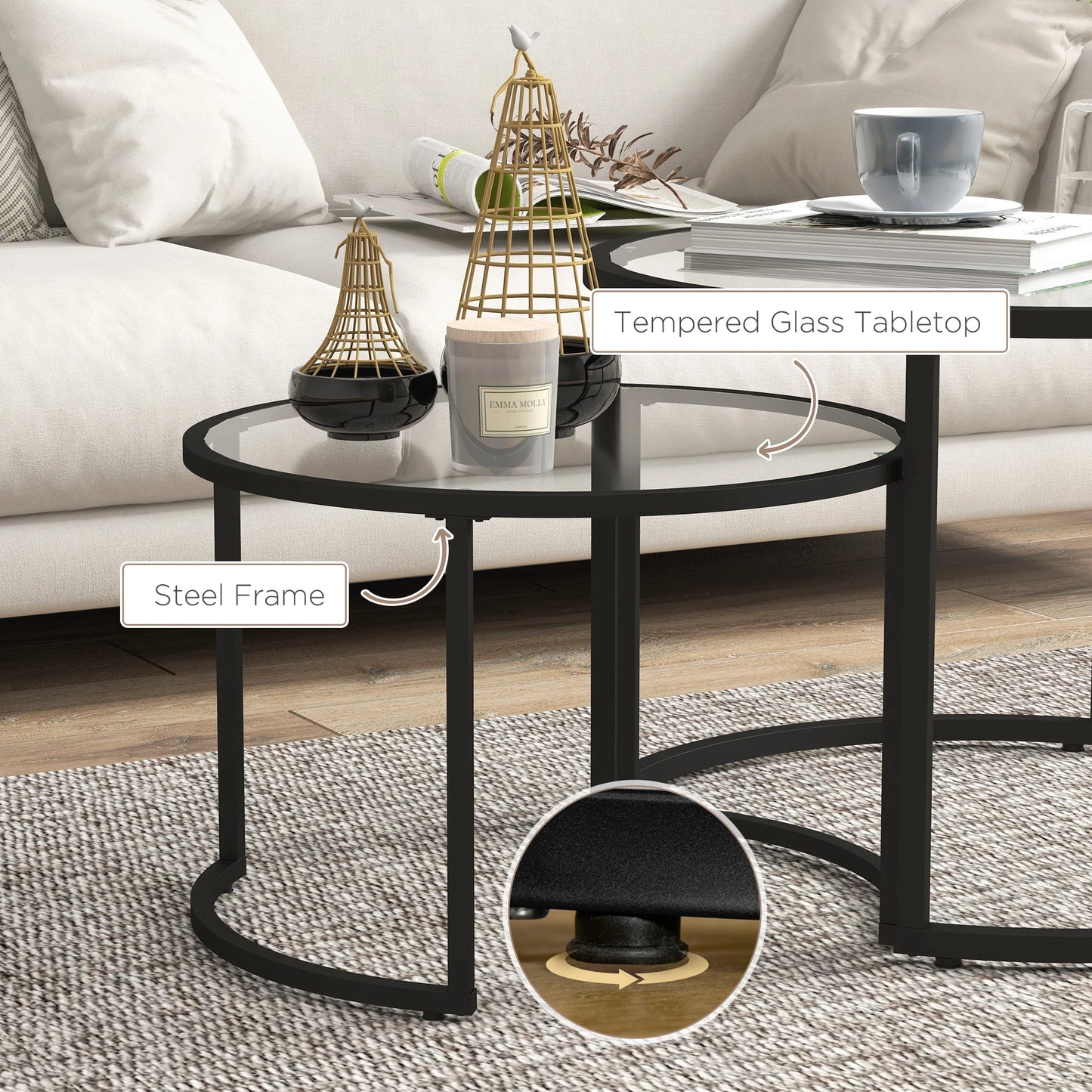 Bijzettafels – Koffietafels – Nachtkastjes – Tafel Set – Stalen Frame – Gehard Glas