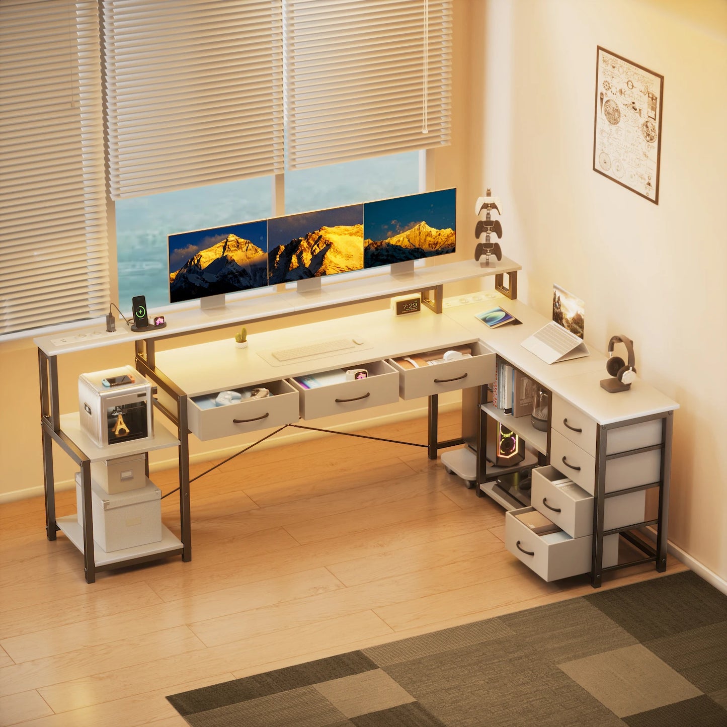 L-Vormig Bureau – Computerbureau – Gamersbureau – Werktafel – Hoekbureau – Slimme Led-Verlichting – Ruim Opbergmeubel – Wit – Groot Werkoppervlak – Ergonomische Monitorstandaard - QUORE