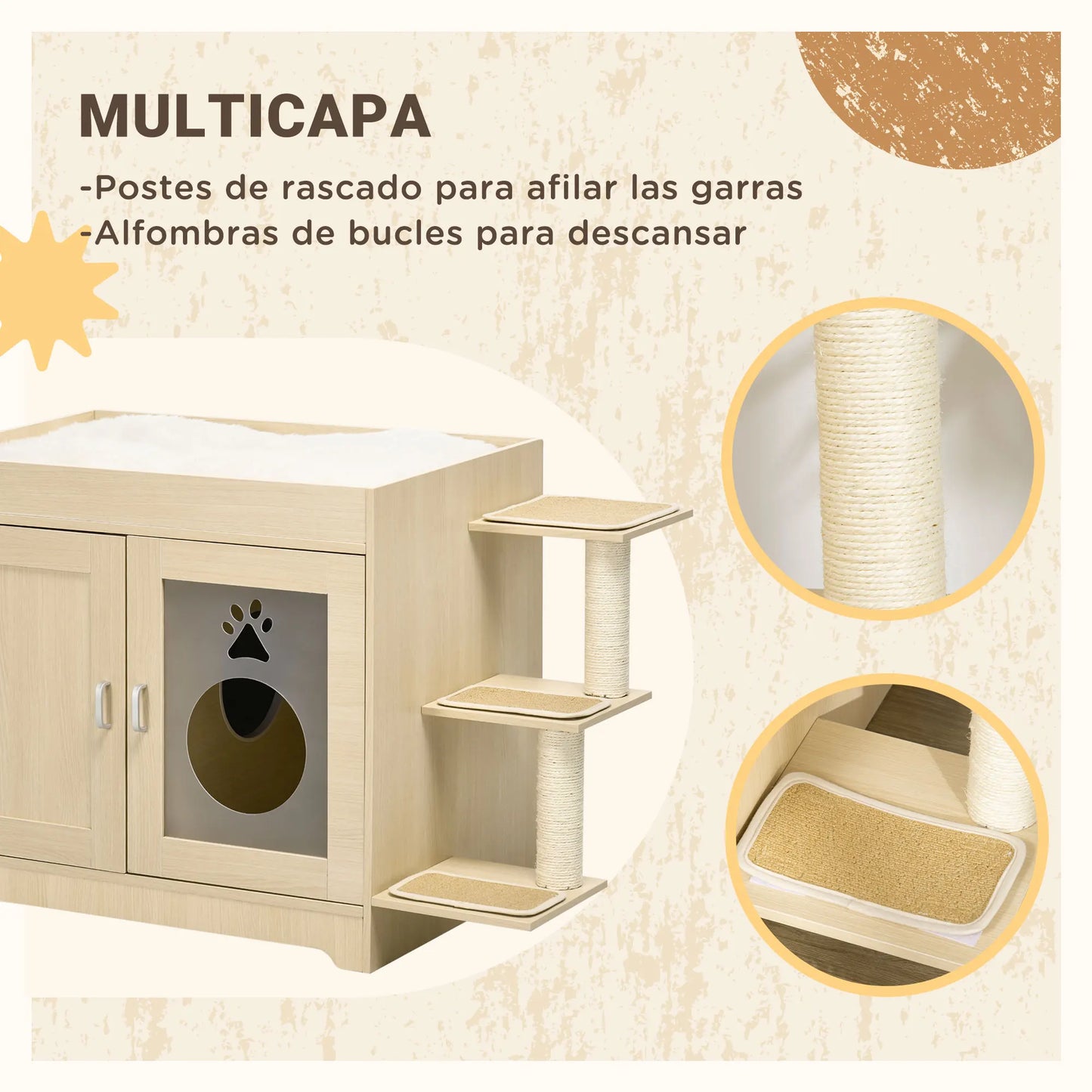 Kattenbakhuisje – Kattenbak Kast – Kattenhuis – Kattenmeubel – Kattenbak Omsluiting – Luxe Pluche Bekleding – Afmetingen 107x54x70 cm - Eik