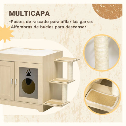 Kattenbakhuisje – Kattenbak Kast – Kattenhuis – Kattenmeubel – Kattenbak Omsluiting – Luxe Pluche Bekleding – Afmetingen 107x54x70 cm - Eik