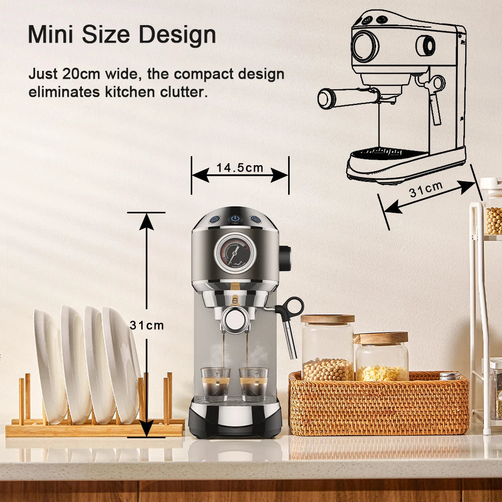 Espressomachine – 20 Bar – Compact Koffiezetapparaat - Semi-Automatisch - 1.1L  - Gemalen Koffie – RVS - Heetwaterfunctie -Voor Espresso - Cappuccino - Latte en Mocha - QUORE